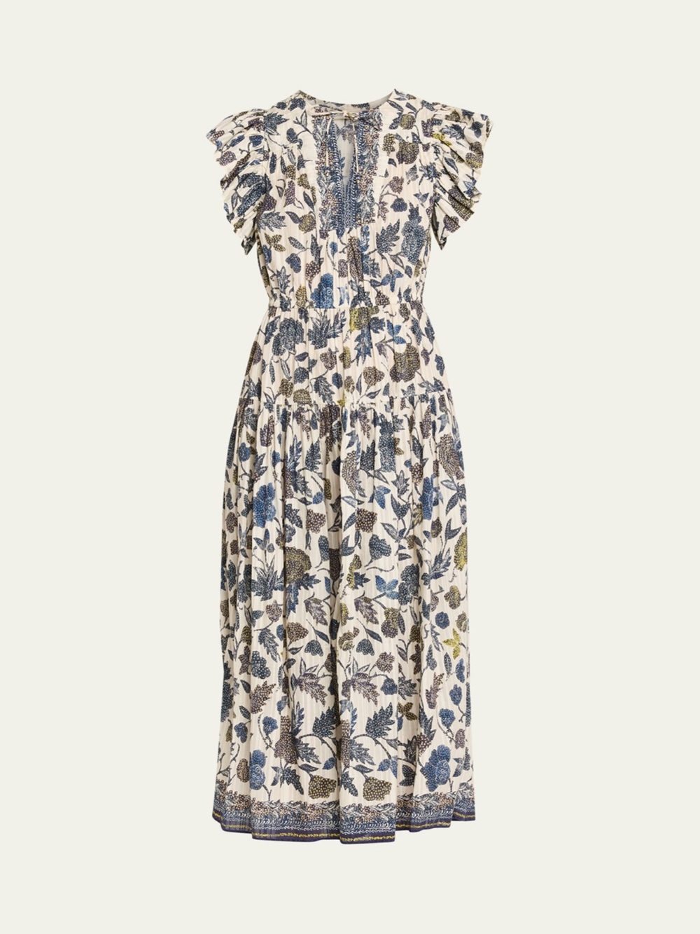 Ulla Johnson Cream Midi Dress with Blue and Olive Floral Print